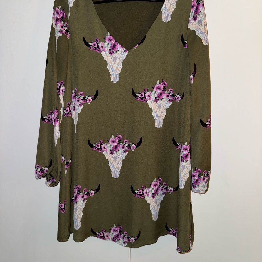 Altar'd State Green Tunic with Floral Skull Design